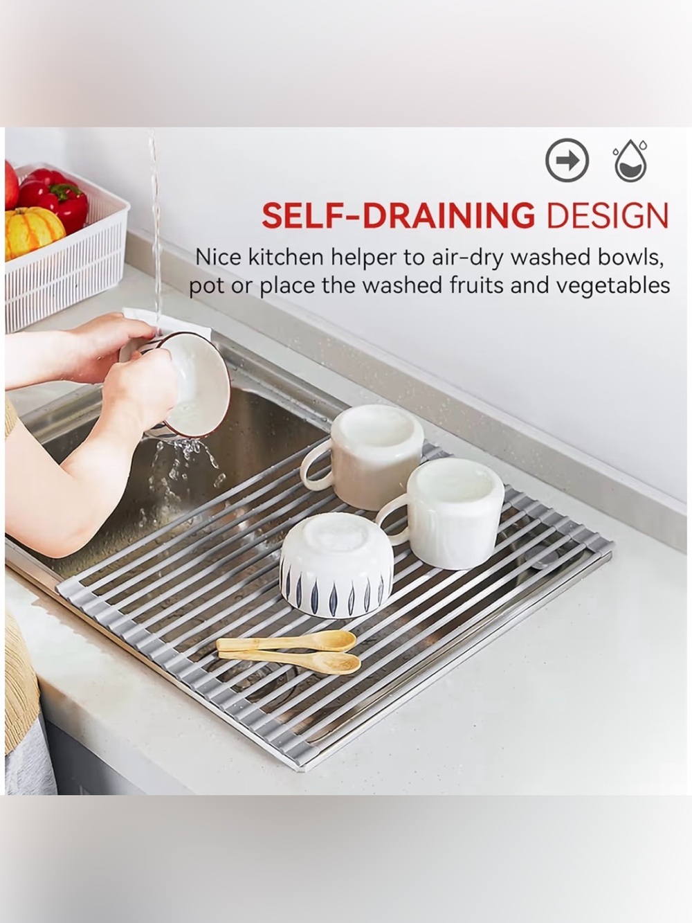 Roll Up Over Sink Dish Drying Rack Gray Silicone Non-Slip Heat Resistant - Picture 3 of 10